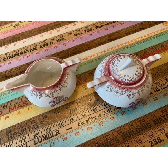 VINTAGE French Saxon China Gold Lace Floral Union Made Creamer Sugar Bowl Set - Picture 2 of 16